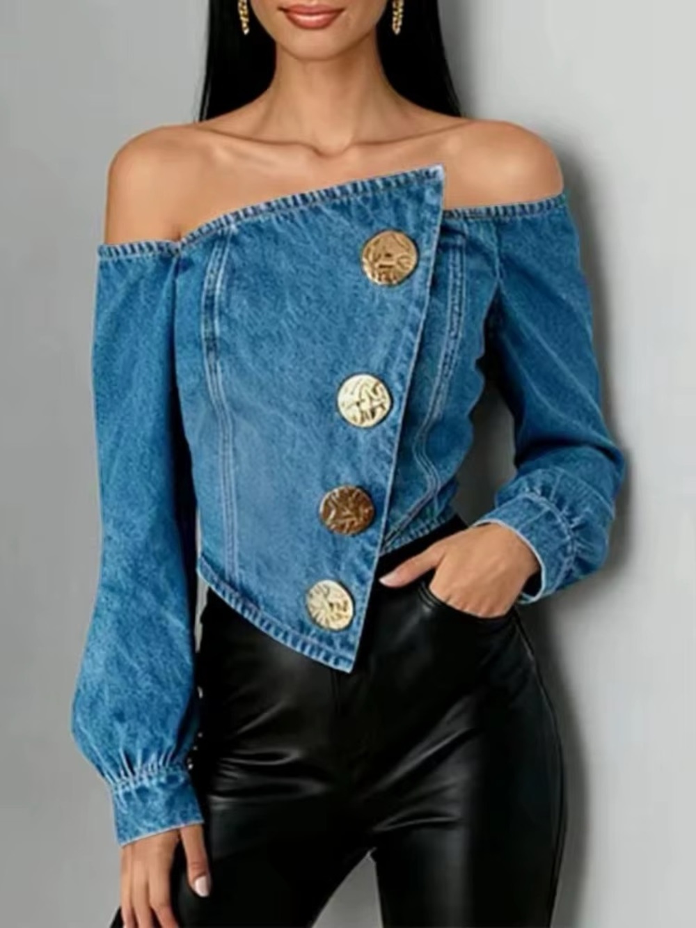 Off-Shoulder Asymmetric Blue Denim and Gold Button-Front Women's Top - Attrime